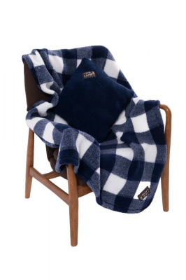 Комплект меховой подушка и плед цвет синий / клетка