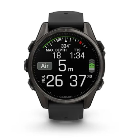 Fenix 8 - 43 мм AMOLED Sapphire титан DLC серый карбон, силиконовый ремешок черного/серого цвета