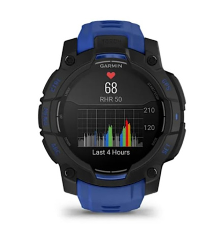 Instinct 3 – 45 мм AMOLED черные с сине/черным силиконовым ремешком