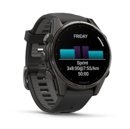 Fenix 8 - 43 мм AMOLED Sapphire титан DLC серый карбон, силиконовый ремешок черного/серого цвета