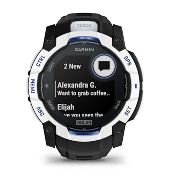 Instinct 3 – 50 мм Solar белый камень с силиконовым черным ремешком с ярко-синей полосой