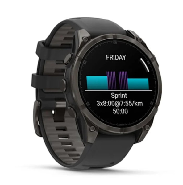 Fenix 8 - 47 мм AMOLED Sapphire титан DLC серый карбон, силиконовый ремешок черного/серого цвета