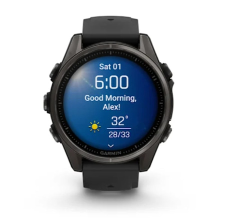 Fenix 8 - 43 мм AMOLED Sapphire титан DLC серый карбон, силиконовый ремешок черного/серого цвета