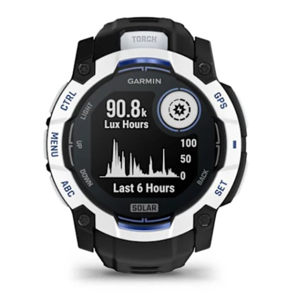 Instinct 3 – 50 мм Solar белый камень с силиконовым черным ремешком с ярко-синей полосой