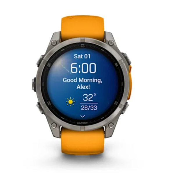 Fenix 8 - 47 мм AMOLED Sapphire титан, силиконовый ремешок оранжевого цвета с искрой графита