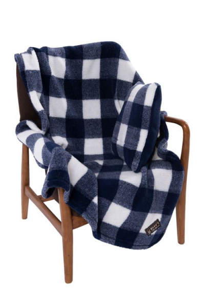 Комплект меховой подушка и плед цвет синий / клетка