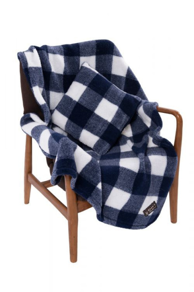 Комплект меховой подушка и плед цвет синий / клетка