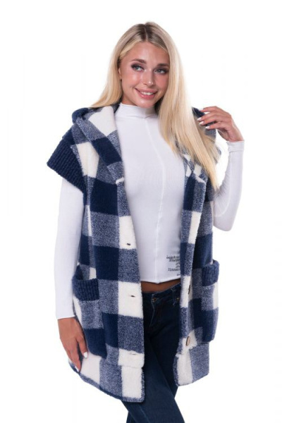 Жилет с капюшоном цвет синий / клетка размер 40-42