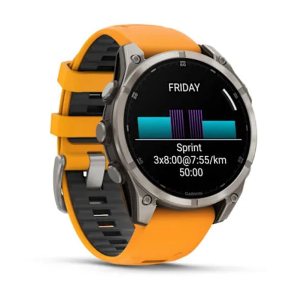 Fenix 8 - 47 мм AMOLED Sapphire титан, силиконовый ремешок оранжевого цвета с искрой графита